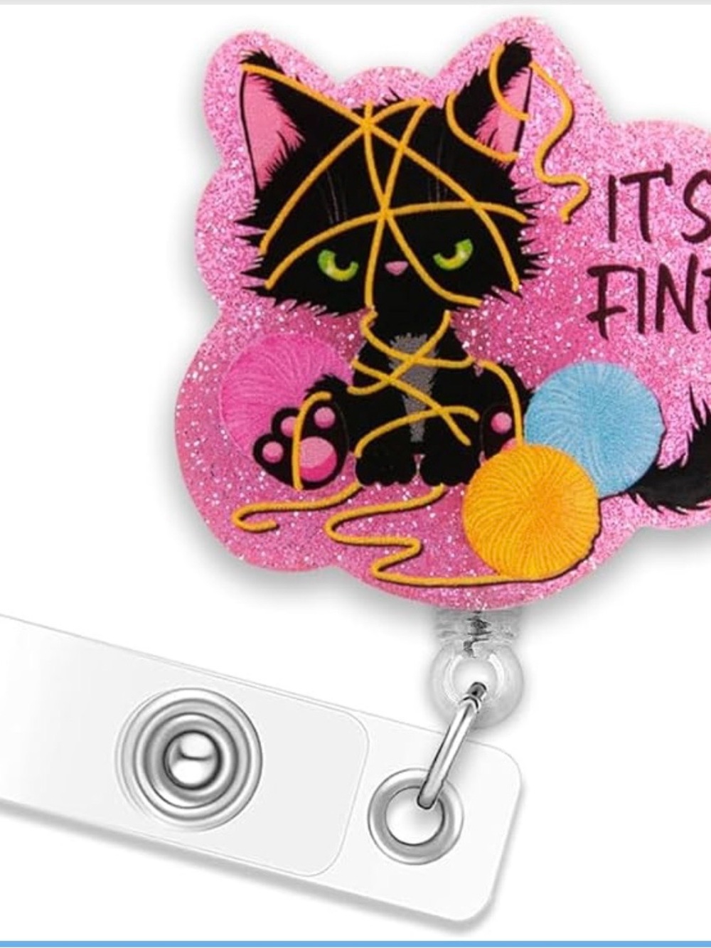 Pink black Cat Yarn “it’s fine” Badge Reel - Cute Cat Design